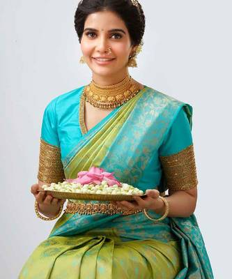 Sky lemon silk blend banarasi saree with unstitched blouse piece 3