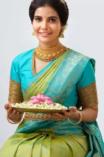 Sky lemon silk blend banarasi saree with unstitched blouse piece