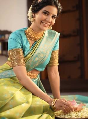 Sky lemon silk blend banarasi saree with unstitched blouse piece 4