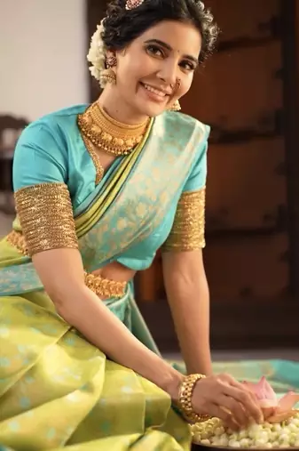 Sky lemon silk blend banarasi saree with unstitched blouse piece
