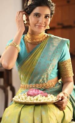 Sky lemon silk blend banarasi saree with unstitched blouse piece 5