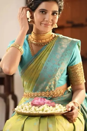 Sky lemon silk blend banarasi saree with unstitched blouse piece