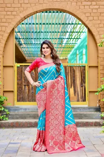 Sky blue soft silk blend banarasi jacuard work designer party wear saree with unstitched blouse piece