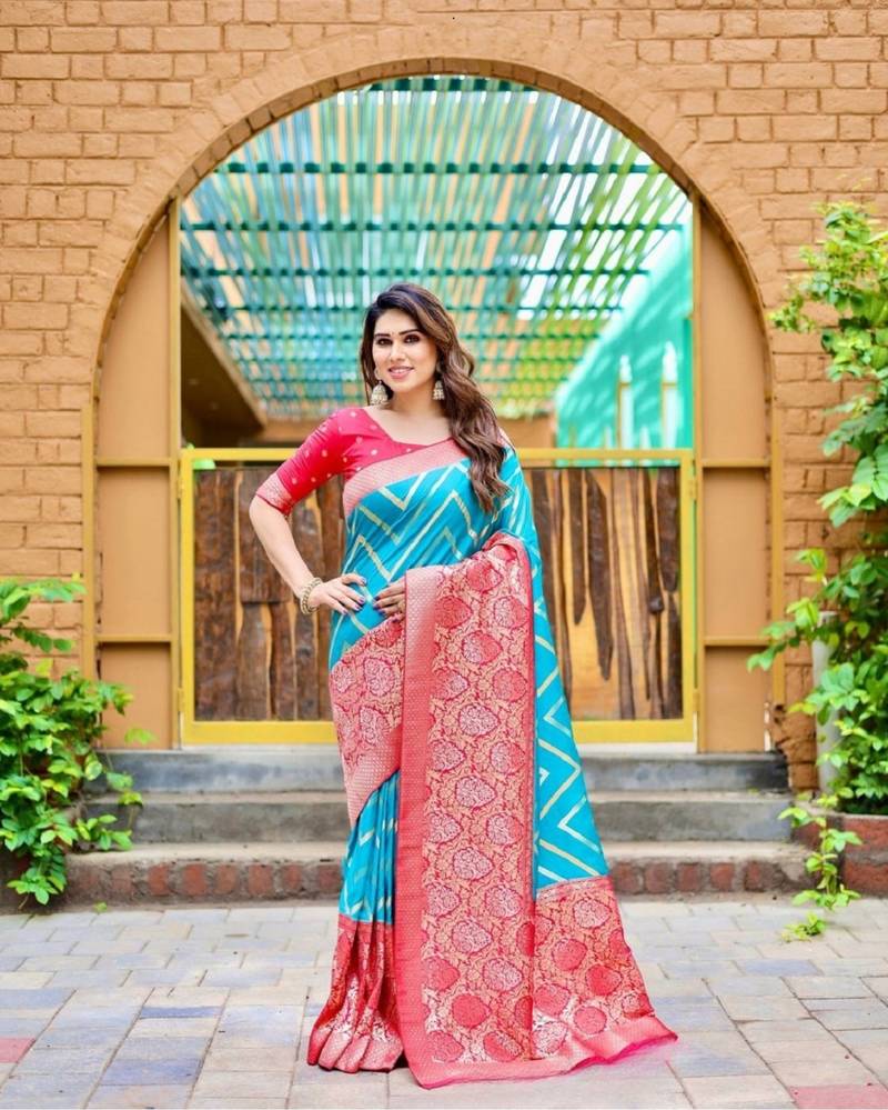 Sky blue soft silk blend banarasi jacuard work designer party wear saree with unstitched blouse piece
