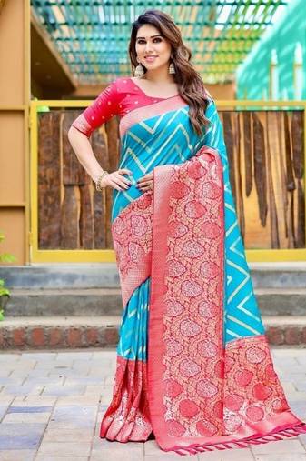 Sky blue soft silk blend banarasi jacuard work designer party wear saree with unstitched blouse piece