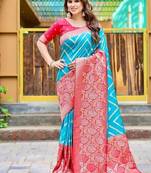 Sky blue soft silk blend banarasi jacuard work designer party wear saree with unstitched blouse piece