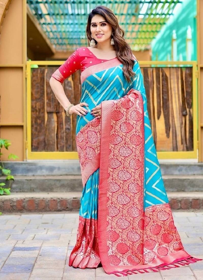 Sky blue soft silk blend banarasi jacuard work designer party wear saree with unstitched blouse piece