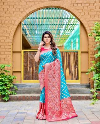 Sky blue silk blend banarasi saree with unstitched blouse piece 2