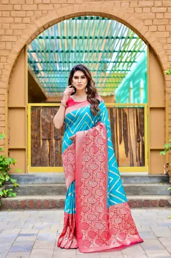 Sky blue silk blend banarasi saree with unstitched blouse piece