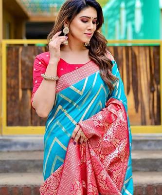 Sky blue silk blend banarasi saree with unstitched blouse piece 3