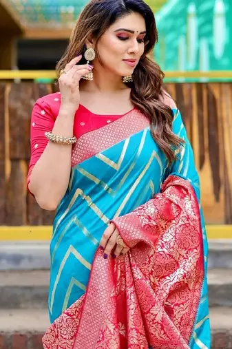Sky blue silk blend banarasi saree with unstitched blouse piece