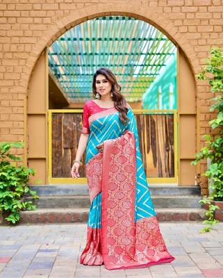 Sky blue silk blend banarasi saree with unstitched blouse piece 4