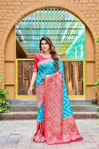 Sky blue silk blend banarasi saree with unstitched blouse piece
