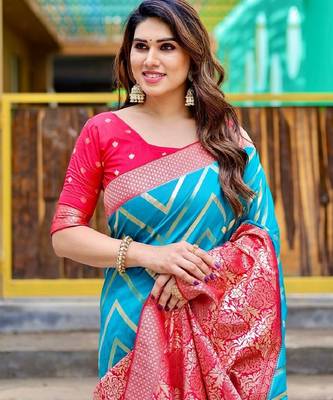 Sky blue silk blend banarasi saree with unstitched blouse piece 5