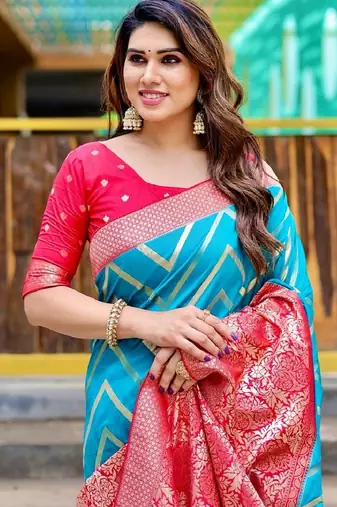 Sky blue silk blend banarasi saree with unstitched blouse piece