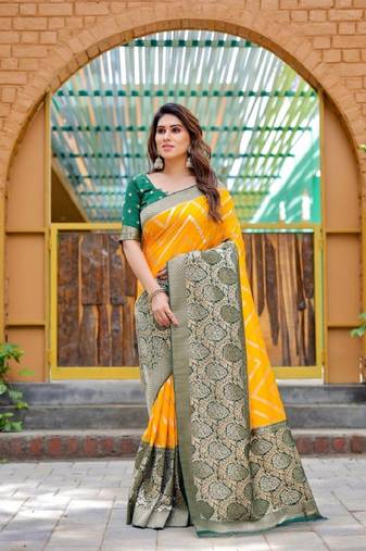 Yellow soft silk blend banarasi jacuard work designer party wear saree with unstitched blouse piece