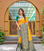 Yellow silk blend banarasi saree with unstitched blouse piece
