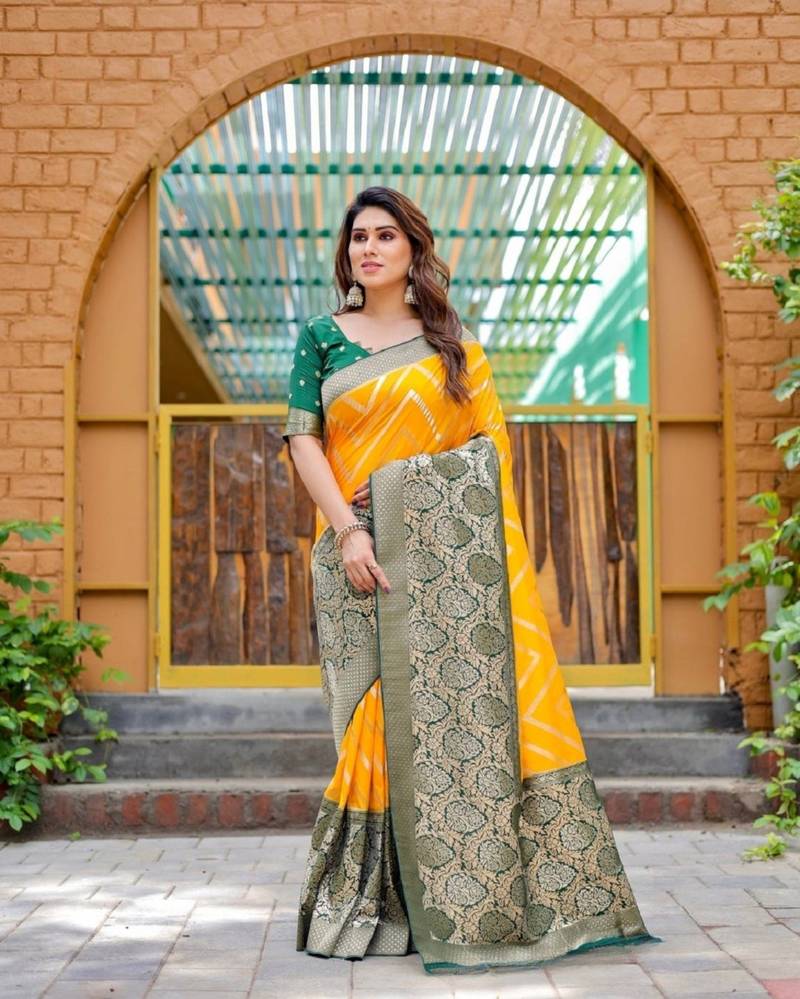 Yellow soft silk blend banarasi jacuard work designer party wear saree with unstitched blouse piece