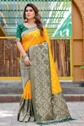 Yellow soft silk blend banarasi jacuard work designer party wear saree with unstitched blouse piece