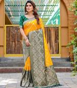 Yellow soft silk blend banarasi jacuard work designer party wear saree with unstitched blouse piece