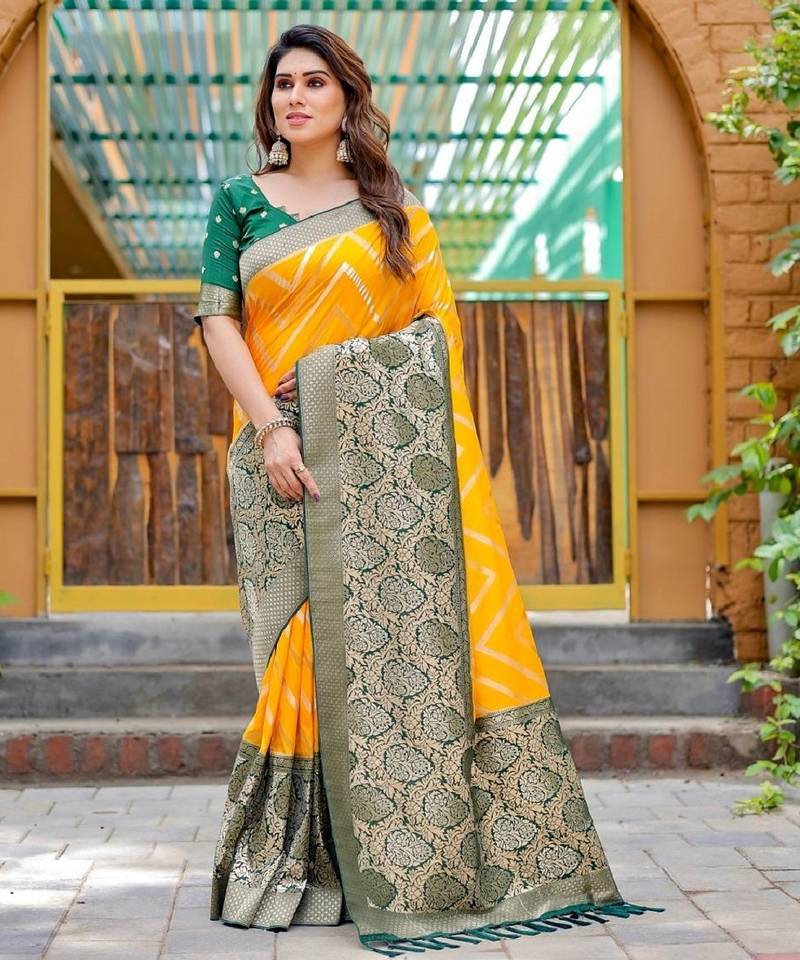 Yellow soft silk blend banarasi jacuard work designer party wear saree with unstitched blouse piece