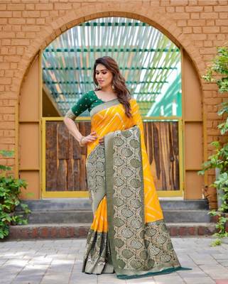 Yellow silk blend banarasi saree with unstitched blouse piece 2