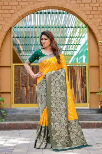 Yellow silk blend banarasi saree with unstitched blouse piece