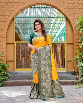 Yellow silk blend banarasi saree with unstitched blouse piece 3