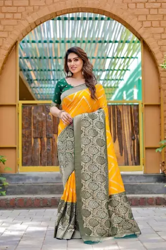 Yellow silk blend banarasi saree with unstitched blouse piece