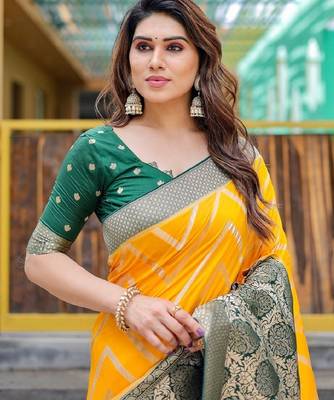 Yellow silk blend banarasi saree with unstitched blouse piece 4