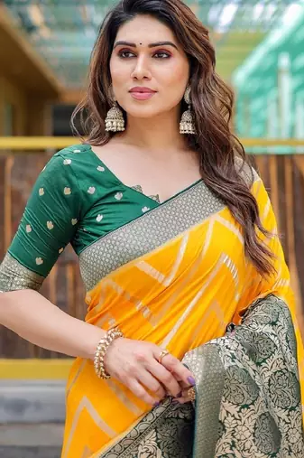 Yellow silk blend banarasi saree with unstitched blouse piece