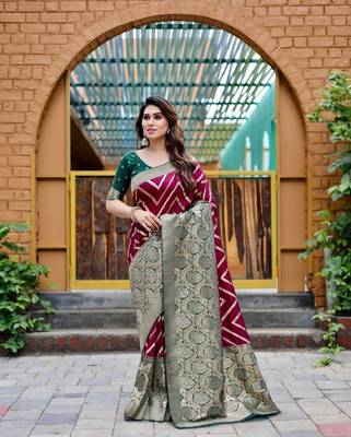 Purple silk blend banarasi saree with unstitched blouse piece 1