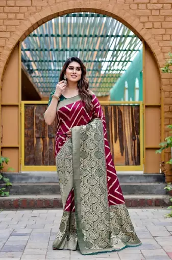 Purple silk blend banarasi saree with unstitched blouse piece