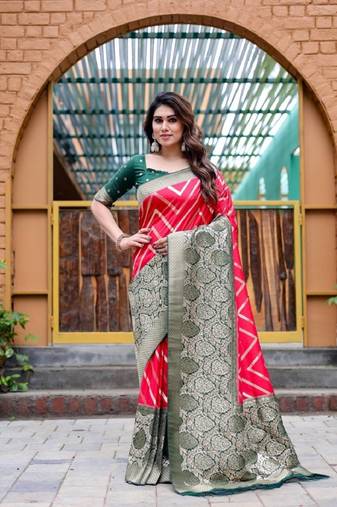 Red soft silk blend banarasi jacuard work designer party wear saree with unstitched blouse piece