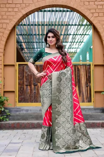 Red soft silk blend banarasi jacuard work designer party wear saree with unstitched blouse piece