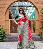 Red soft silk blend banarasi jacuard work designer party wear saree with unstitched blouse piece