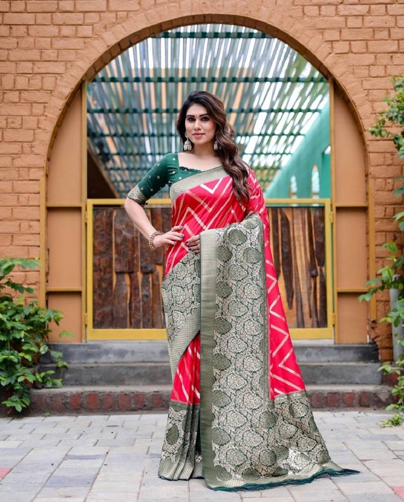 Red soft silk blend banarasi jacuard work designer party wear saree with unstitched blouse piece