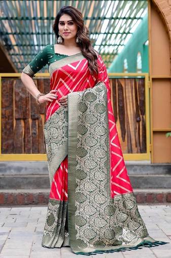 Red soft silk blend banarasi jacuard work designer party wear saree with unstitched blouse piece