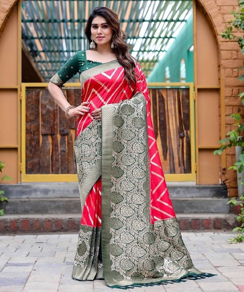 Red soft silk blend banarasi jacuard work designer party wear saree with unstitched blouse piece