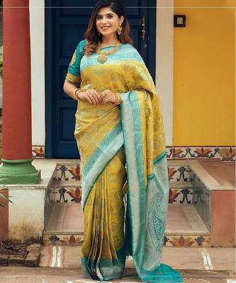 Yellow sky blue silk blend banarasi saree with unstitched blouse piece 1
