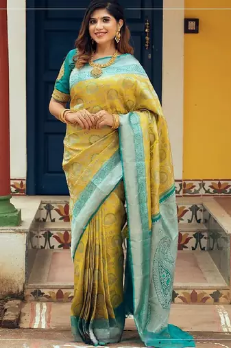 Yellow sky blue soft silk blend banarasi jacuard work designer party wear saree with unstitched blouse piece
