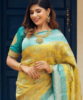 Yellow sky blue silk blend banarasi saree with unstitched blouse piece 2