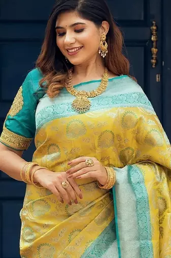 Yellow sky blue silk blend banarasi saree with unstitched blouse piece