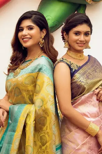 Yellow sky blue silk blend banarasi saree with unstitched blouse piece