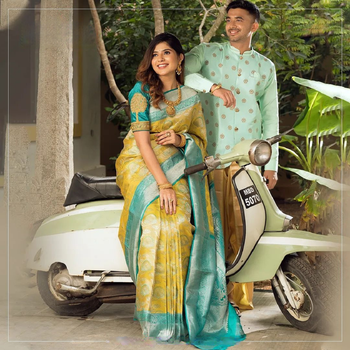 Yellow sky blue silk blend banarasi saree with unstitched blouse piece 4