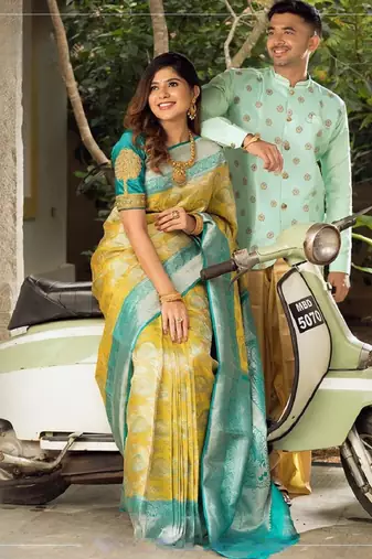 Yellow sky blue silk blend banarasi saree with unstitched blouse piece