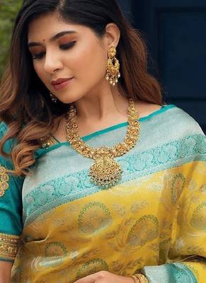 Yellow sky blue silk blend banarasi saree with unstitched blouse piece 5