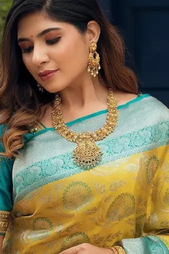 Yellow sky blue silk blend banarasi saree with unstitched blouse piece