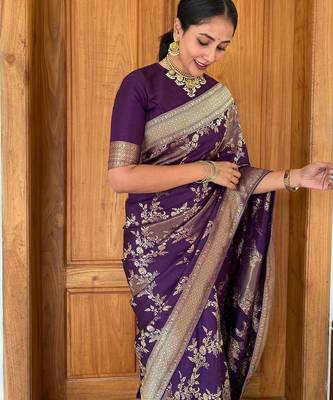 Wine silk blend banarasi saree with unstitched blouse piece 1