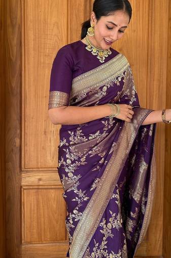 Wine soft silk blend banarasi jacuard work designer party wear saree with unstitched blouse piece